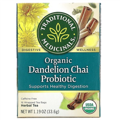 Traditional Medicinals, Organic Dandelion Chai Probiotic, пробиотический чайс одуванчиком, 16 чайных пакетиков, 33,6 г (1,19 унции)