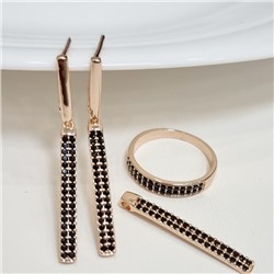 Комплект ювелирная бижутерия коллекция  "Дубай" серьги, кулон и кольцо 16 р, покрытие: позолота, вставка: фианиты, цвет: черный, арт.215.410-16