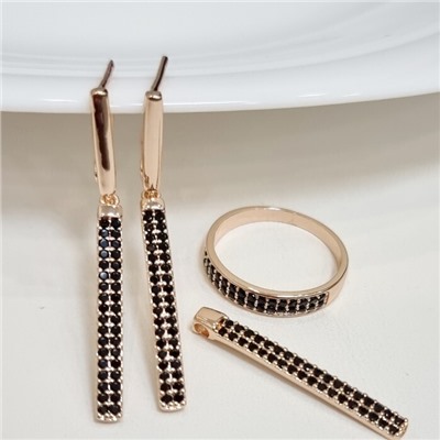 Комплект ювелирная бижутерия коллекция  "Дубай" серьги, кулон и кольцо 19 р, покрытие: позолота, вставка: фианиты, цвет: черный, арт.215.410-19