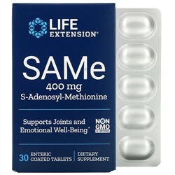 Life Extension, SAMe, S-аденозилметионин, 400 мг, 30 таблеток, покрытых кишечнорастворимой оболочкой