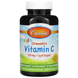 Carlson Labs, Kid's, жевательный витамин C, натуральный мандарин, 250 мг, 60 вегетарианских таблеток