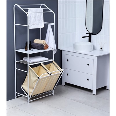 Стеллаж с двойной корзиной для белья и перекладинами, 2-х ярусный, 60×35×160 см, белый