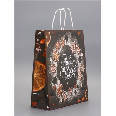 Пакет бумажный подарочный новогодний крафт «Верь в чудеса» 32×26×11 см