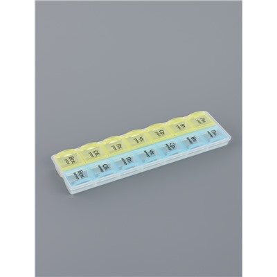 Таблетница-органайзер 14секц 21,5*6,5*2см Неделька утро/вечер рус буквы жёлт/гол пакет  OT