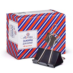 Зажим для бумаг металлический (60 мм) толщина скрепления до 32 мм, черный, 6 шт в картонной коробке