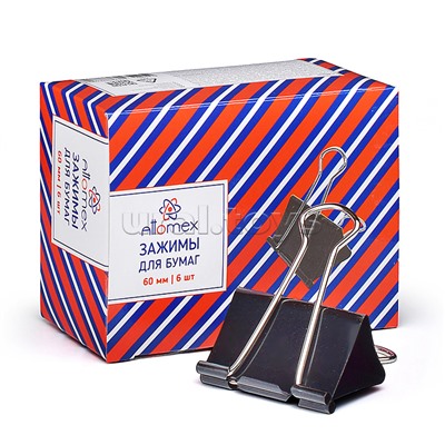 Зажим для бумаг металлический (60 мм) толщина скрепления до 32 мм, черный, 6 шт в картонной коробке