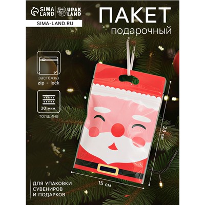 Пакет подарочный новогодний, с zip-lock застежкой, «Дед Мороз», 15×23±1 см