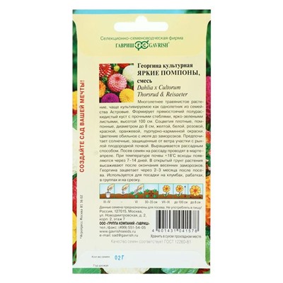 Семена цветов Георгина "Яркие помпоны", ц/п,   0,2 г