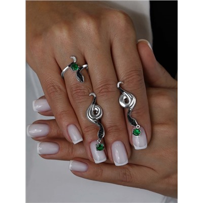 Серьги из серебра с чёрной шпинелью и зелёными фианитами родированные - Змеи 925 пробы 2-450рч416232