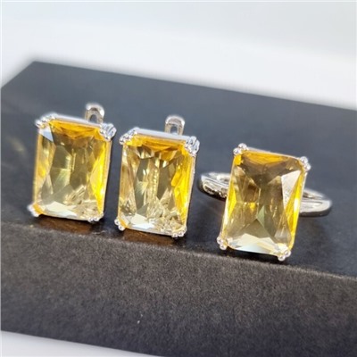 Комплект ювелирная бижутерия серьги и кольцо 19 р, покрытие: посеребрение, вставка: фианиты, цвет: желтый, арт.313.027-19