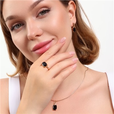 Комплект ювелирной бижутерии коллекция "Дубай" серьги, кулон и кольцо 17 р, покрытие позолота, вставка: фианиты, цвет: черный, Уценка, арт.08.4051-17 (215.385-17)