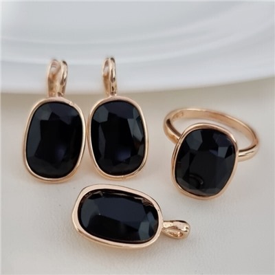 Комплект ювелирной бижутерии коллекция "Дубай" серьги, кулон и кольцо 17 р, покрытие позолота, вставка: искусственный кристалл, цвет: черный, арт. 314.954-17