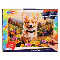 Холст по номерам на картоне 30*40 см "Корги в цветах"