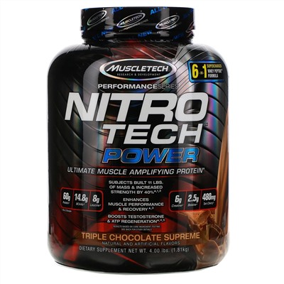 Muscletech, Nitro Tech Power, порошок сывороточного протеина для увеличения мышц, тройной шоколад, 1,81 кг (4,00 фунта) (Discontinued Item)