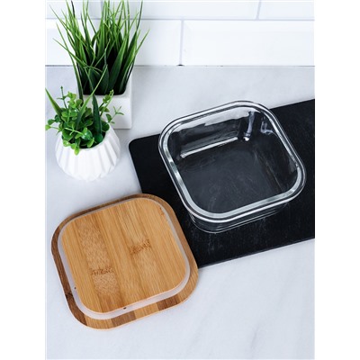 Контейнер квадратный крышка бамбук 500 мл стекло  / K500 /уп 36/