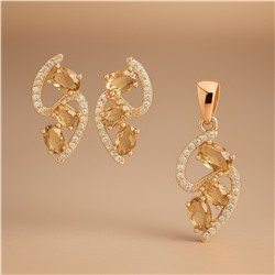 Комплект ювелирной бижутерии коллекция "Дубай" серьги и кулон, покрытие позолота, вставка: фианиты и цирконы, цвет: бежевый и прозрачный, арт.414.028