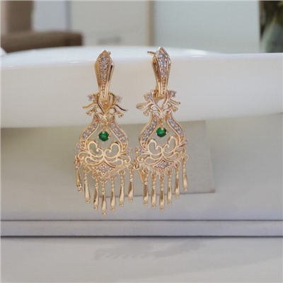 Серьги женские этно самовары ювелирная бижутерия коллекция "Дубай" покрытие позолота, вставка: фианиты, цвет: прозрачный и зеленый, арт.314.218