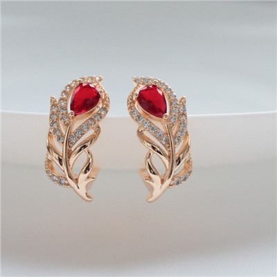 Серьги в форме пера ювелирная бижутерия коллекция "Дубай" покрытие: позолота, вставка: фианиты, цвет: красный, арт.217.244