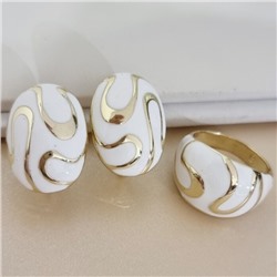 Комплект ювелирной бижутерии Итальянское золото (покрытие желтое 14к), серьги и кольцо 18 р, вставка: цветная эмаль, цвет: белый, арт.216.466-18