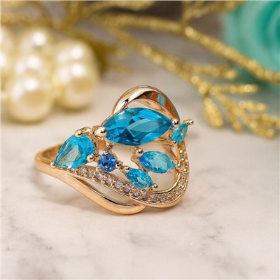 Кольцо 19 р, ювелирная бижутерия коллекция "Дубай", покрытие позолота, вставка: фианиты, цвет: голубой, арт.314.955-19