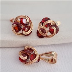 Комплект ювелирная бижутерия коллекция  "Дубай" серьги и кулон, покрытие: позолота, вставка: фианиты, цвет: красный, арт.215.430