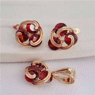 Комплект ювелирная бижутерия коллекция  "Дубай" серьги и кулон, покрытие: позолота, вставка: фианиты, цвет: красный, арт.215.430