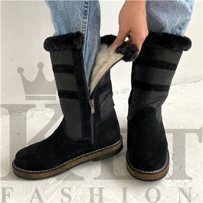 Женские дутики, черные, замша, войлочная подошва