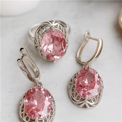 Комплект ювелирной бижутерии с крупным камнем серьги и кольцо 17 р, цвет: розовый, арт.213.917-17