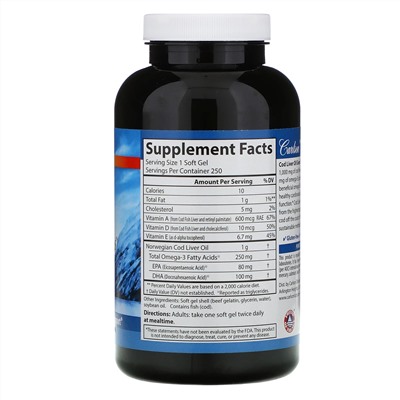 Carlson Labs, Cod Liver Oil Gems, капсулы из жира печени дикой норвежской трески, высшего качества, 1000 мг, 250 капсул