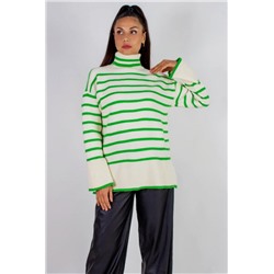 Теплая туника в полоску высокий ворот арт. 2918 (Молочный_зеленая полоса)