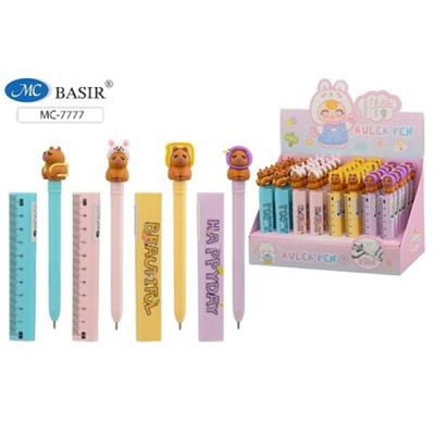 Ручка шариковая детская "КАПИБАРА" синяя, объемный колпачок в виде линейки -10 см МС-7777 Basir