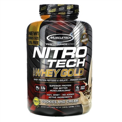 Muscletech, Nitro Tech, 100% Whey Gold, печенье с кремом, 2,51 кг (5,53 фунта)