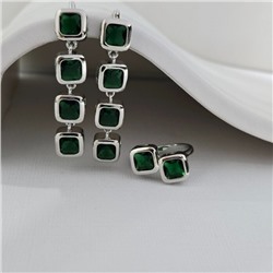 Комплект ювелирной бижутерии серьги и кольцо 17 р, покрытие посеребрение, вставка: фианиты, цвет: зеленый, арт.313.264-17
