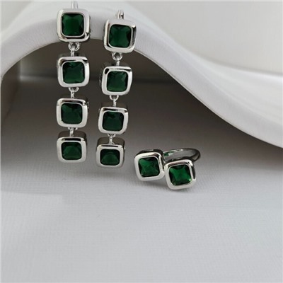 Комплект ювелирной бижутерии серьги и кольцо 17 р, покрытие посеребрение, вставка: фианиты, цвет: зеленый, арт.313.264-17