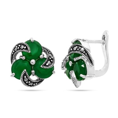 Серьги из серебра зеленый агат, марказит, SL-AGA517