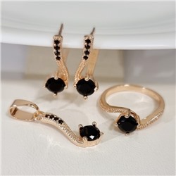 Комплект ювелирной бижутерии коллекция "Дубай" серьги, кулон и кольцо 17 р, покрытие позолота, вставка: фианиты, цвет: черный, арт.314.909-17