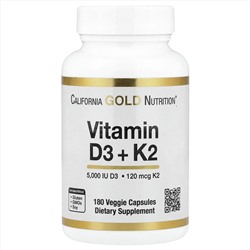 California Gold Nutrition, витамины D3 и К2 в форме MK-7, 180 растительных капсул
