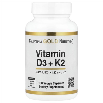 California Gold Nutrition, витамины D3 и К2 в форме MK-7, 180 растительных капсул
