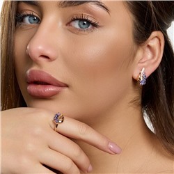 Комплект ювелирной бижутерии коллекция "Дубай" серьги и кольцо 19 р, покрытие позолота, вставка: фианиты и цирконы, цвет: синий и прозрачный, арт.215.750-19