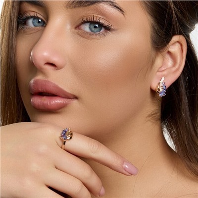Комплект ювелирной бижутерии коллекция "Дубай" серьги и кольцо 19 р, покрытие позолота, вставка: фианиты и цирконы, цвет: синий и прозрачный, арт.215.750-19