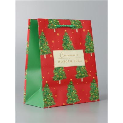 Пакет подарочный новогодний ламинированный «Счастливого Нового года», на бежевом, 18×22.3×10 см