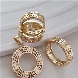 Комплект ювелирной бижутерии Итальянское золото (покрытие желтое 14к), серьги, кулон и кольцо 19 р, вставка: фианиты, цвет: прозрачный, арт.213.953-19