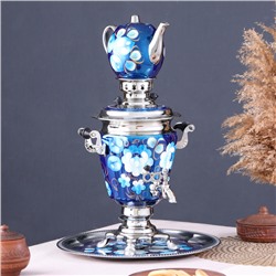 Набор посуды «Жостово на синем», 3 предмета: самовар 3 л, заварочный чайник 0.7 л, поднос