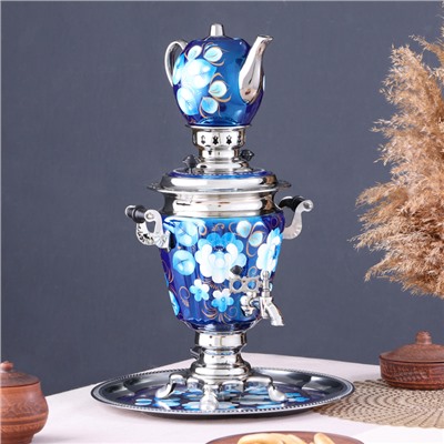 Набор посуды «Жостово на синем», 3 предмета: самовар 3 л, заварочный чайник 0.7 л, поднос