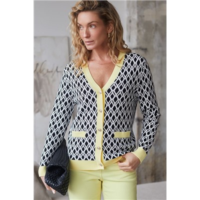 Кардиган с V-вырезом жаккардовой вязки с принтом ромб VILATTE, 1229069