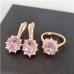 Комплект ювелирная бижутерия коллекция  "Дубай" серьги и кольцо 17 р, покрытие: позолота, вставка: фианиты, цвет: розовый и прозрачный, арт.213.996-17