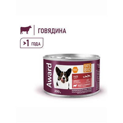 Влажный корм AWARD для взрослых собак паштет из говядины с морковью 200 г