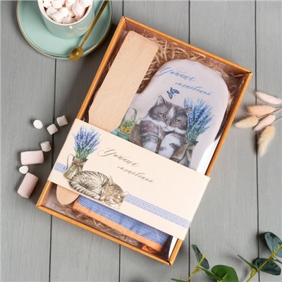 Кухонный набор «Доляна. Уютных мгновений», бежево-сиреневый: варежка-прихватка, деревянная лопатка