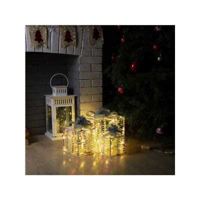 Светодиодная фигура «Блестящие подарки» 15, 20, 25 см, текстиль, металл, 220 В, свечение тёплое белое