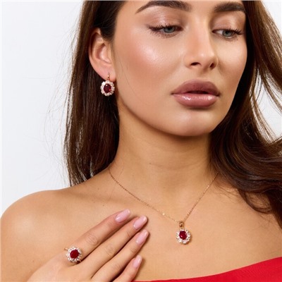Комплект ювелирной бижутерии коллекция "Дубай" серьги, кулон и кольцо 18 р, покрытие позолота, вставка: фианиты, цвет: красный и прозрачный, арт.414.187-18